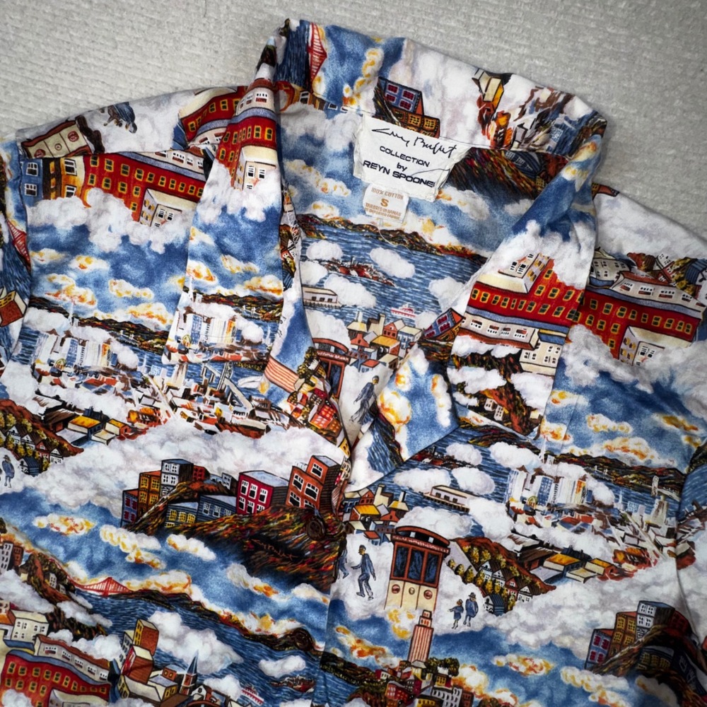 Reyn Spooner Shirt Kids Small Blue San‎ Francisco Guy Buffet Cityscape Cotton